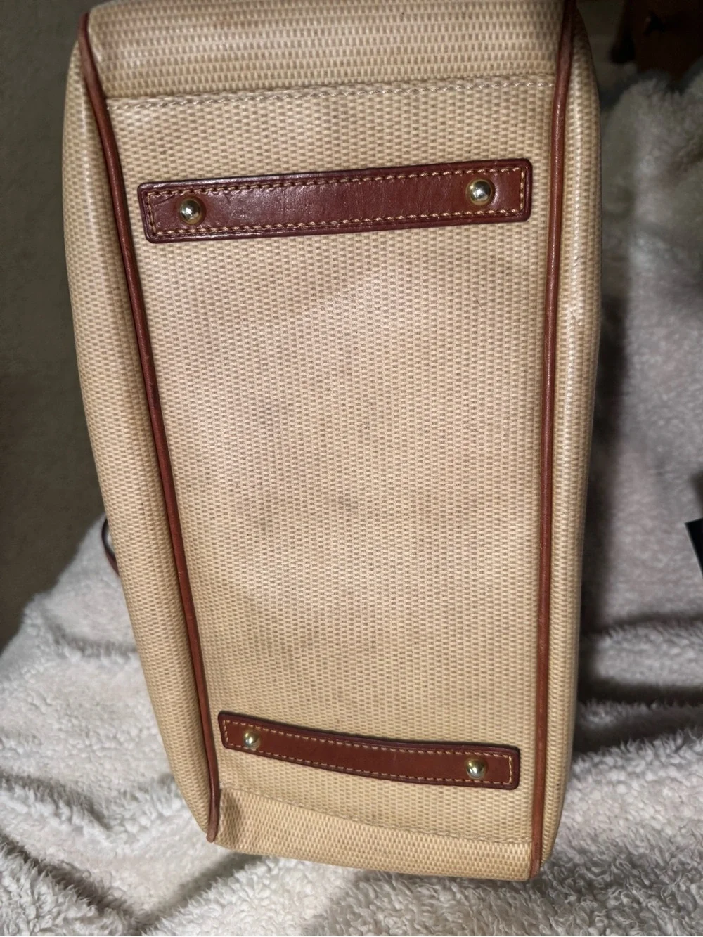 Dooney & Bourke Beige Canvas Satchel with Brown Leather Trim